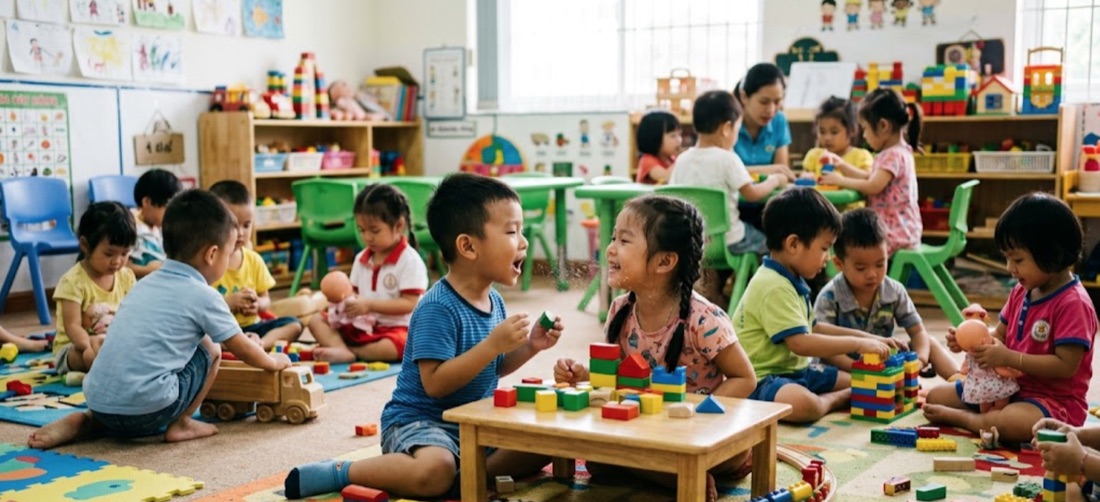Trẻ vui chơi tại lớp mẫu giáo — môi trường dễ lây nhiễm chéo